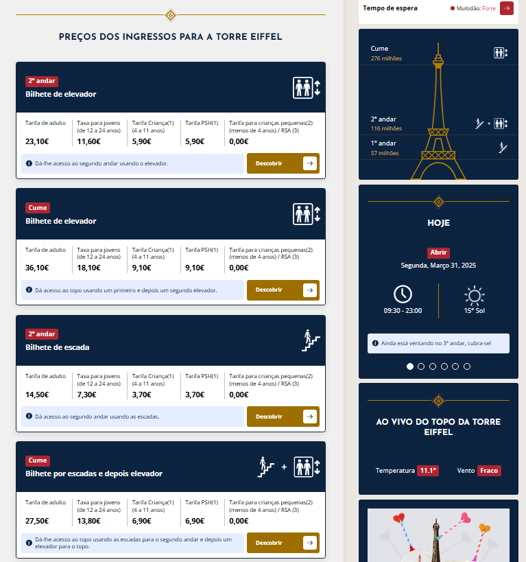 Preços Torre Eiffel